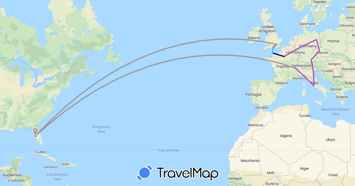 TravelMap itinerary: driving, plane, train, boat in Switzerland, Czech Republic, Germany, France, United Kingdom, Italy, United States (Europe, North America)